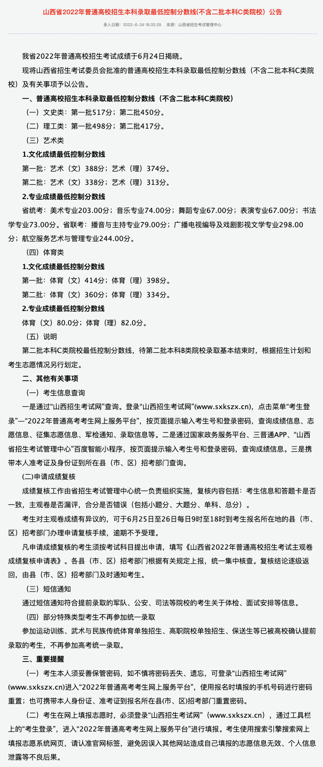 2022年山西高考登科分数线