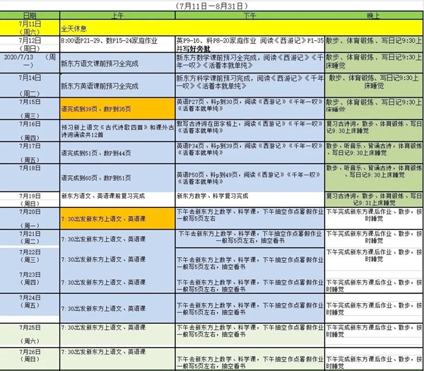 月朔寒假进修打算表,七年级寒假若何支配