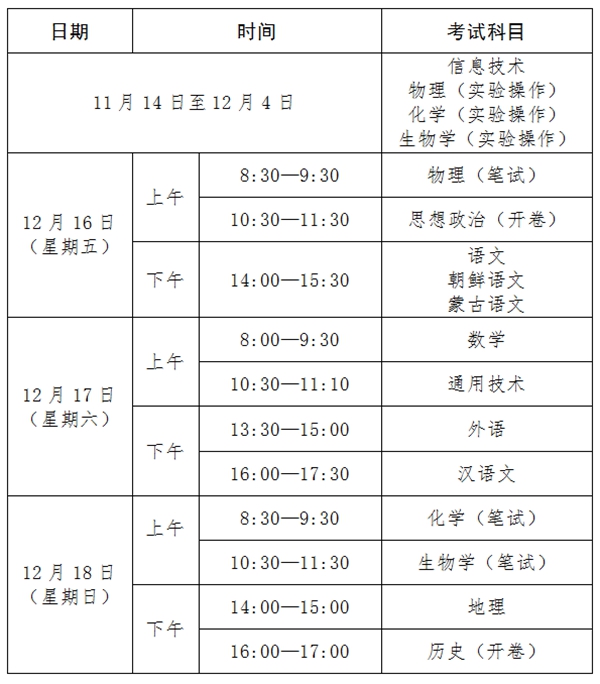 2023年吉林高中各科会考时辰支配一览表