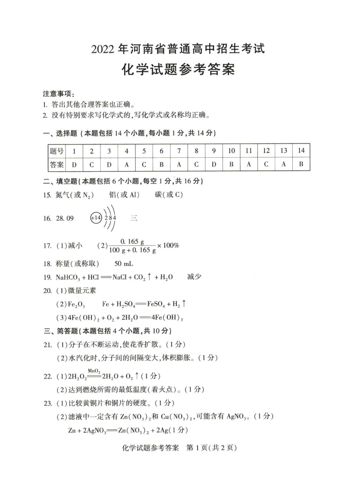 2023年河南中考化学试卷真题及谜底
