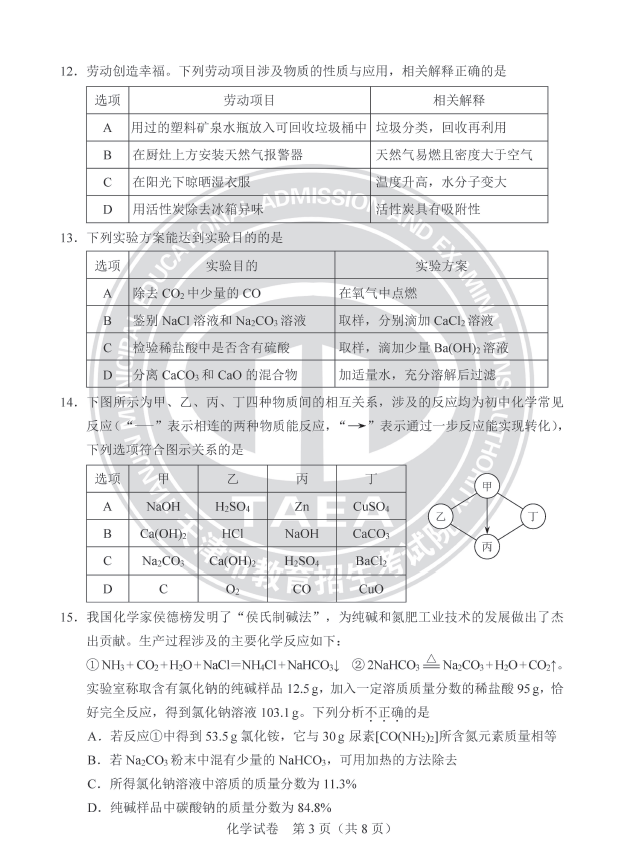 2023年天津中考化学试卷真题及谜底