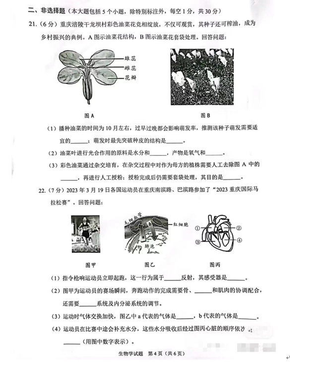 2023年重庆中考生物试卷真题及谜底