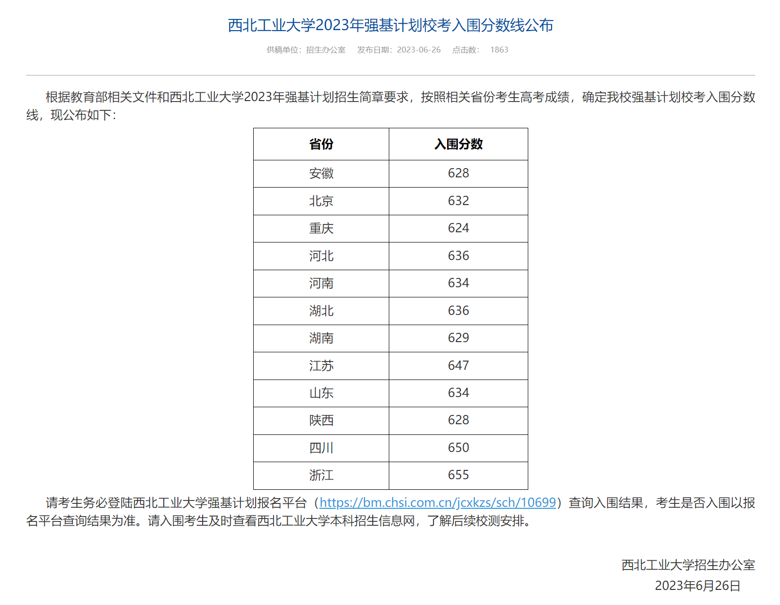 2023年强基打算39所大学登科分数线一览表