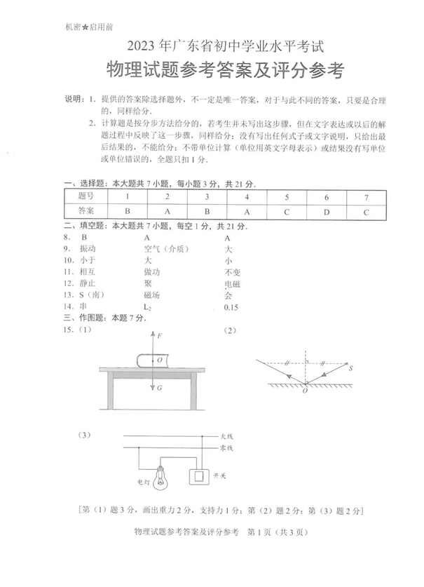 2023年广东中考物理试卷真题及谜底