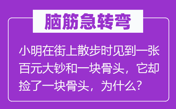 脑子急转弯:小明在街上漫步时见到一张百元大钞和一块骨头,它却捡了一块骨头,为甚么?