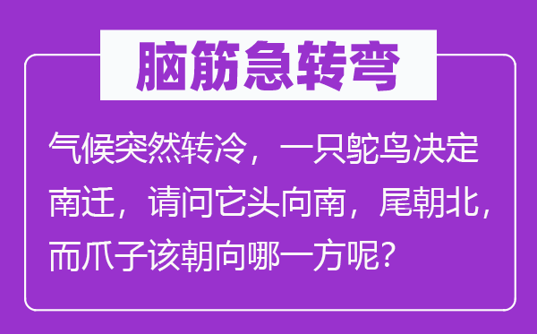 脑子急转弯：天气俄然转冷，一只鸵鸟决议南迁，叨教它头向南，尾朝北，而爪子该朝向哪一方呢？