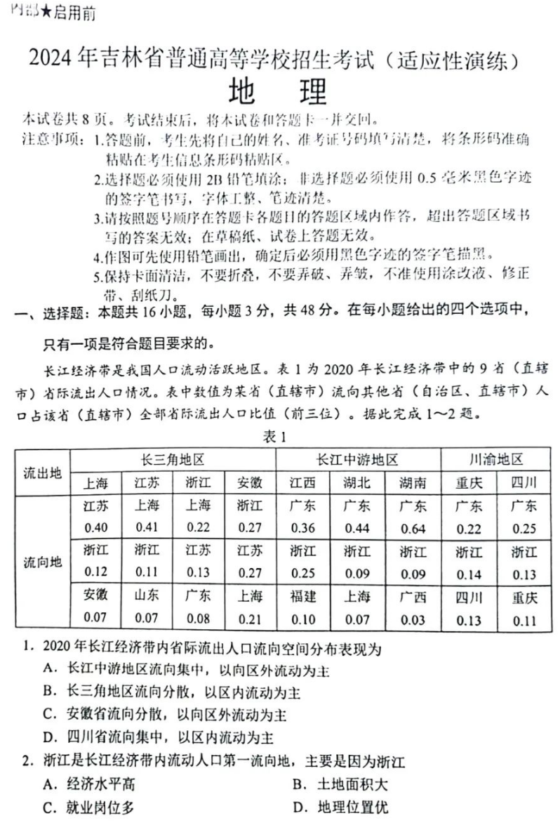新高考2024七省联考地舆试卷及谜底剖析