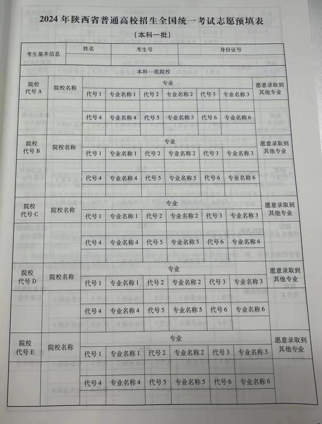 2024年陕西高考自愿表填写样本（附填报时候和进口）
