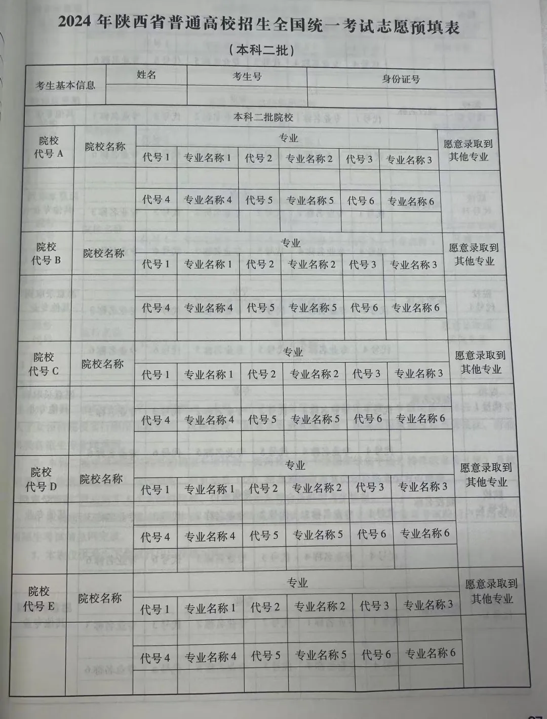 2024年陕西高考自愿表填写样本（附填报时候和进口）