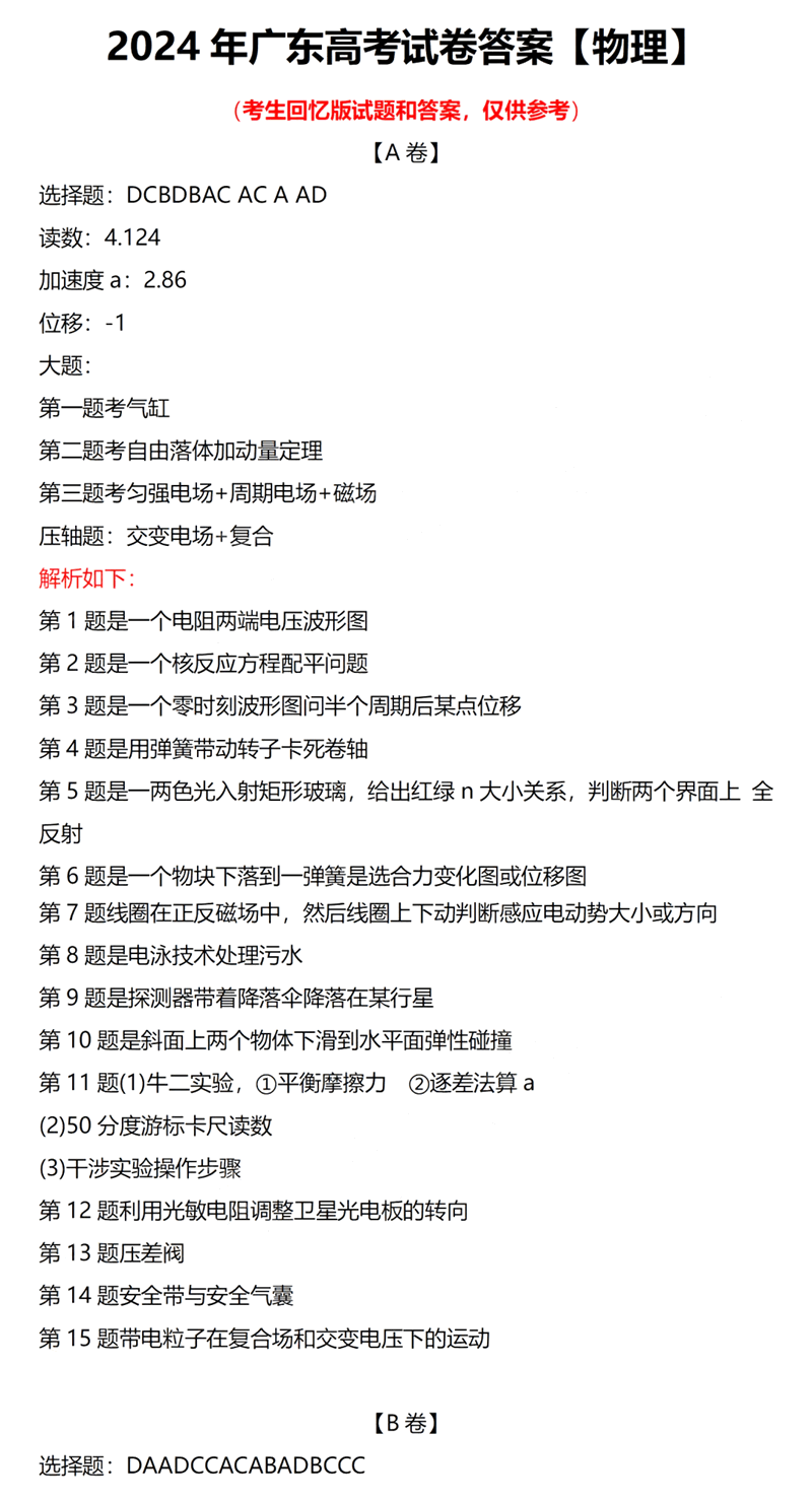 2024年广东高考物理试卷真题及谜底剖析