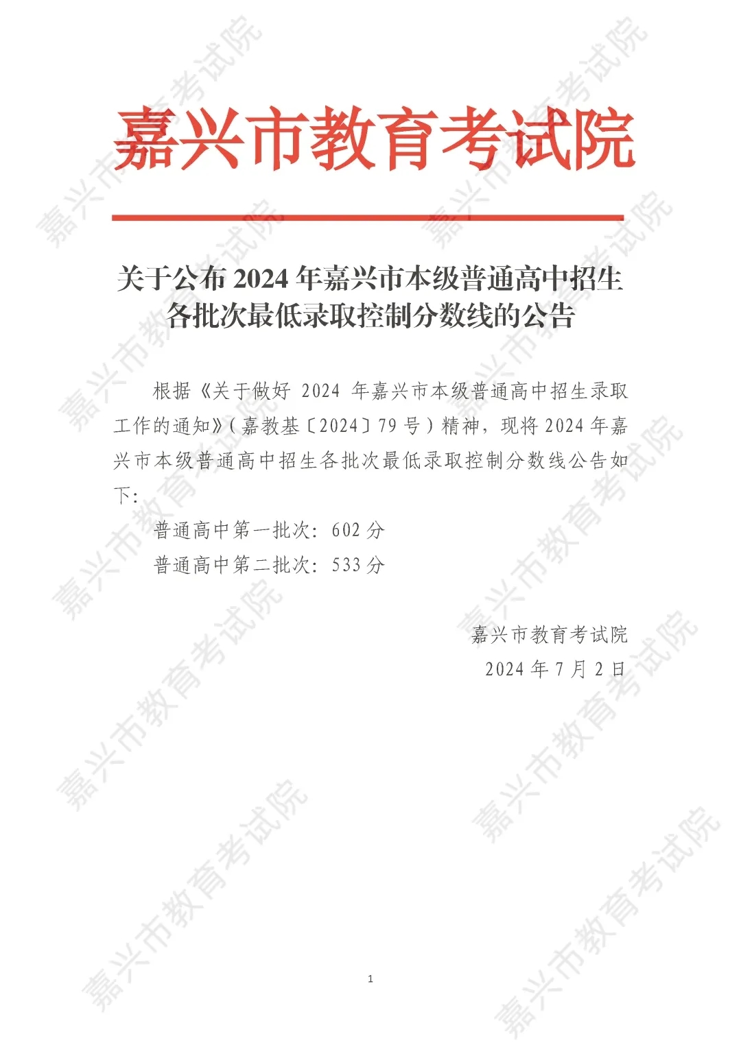 2025年嘉兴中考各高中登科分数线一览表