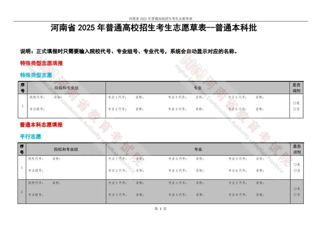 2025河南高考自愿填报表范本模板,附自愿样表及填报技能