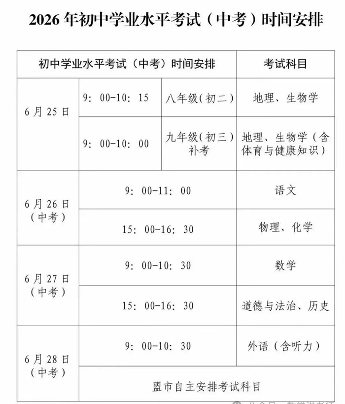 2026年内蒙古中考时候及详细科目时候支配一览表（12盟市完全版）